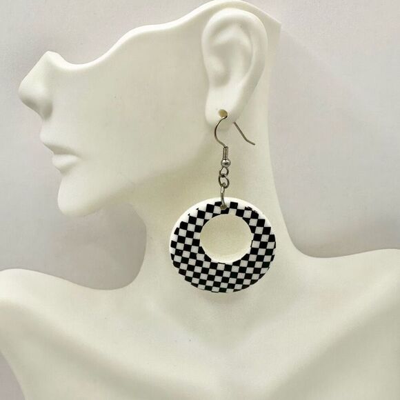 Black and white check circle drop earrings - Picture 2 of 5
